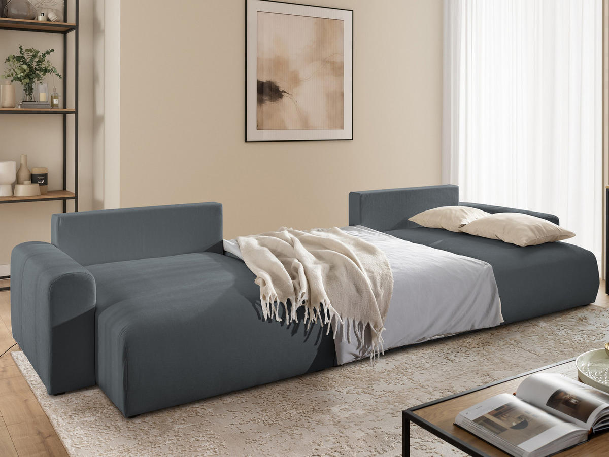 WOHNLANDSCHAFT Calma mit Schlaffunktion und Bettkasten im Bumpy-Design aus weichem Dunkelgrau Webstoff - Dunkelgrau/Schwarz, Holz/Textil (336/88/140cm) - S-Style