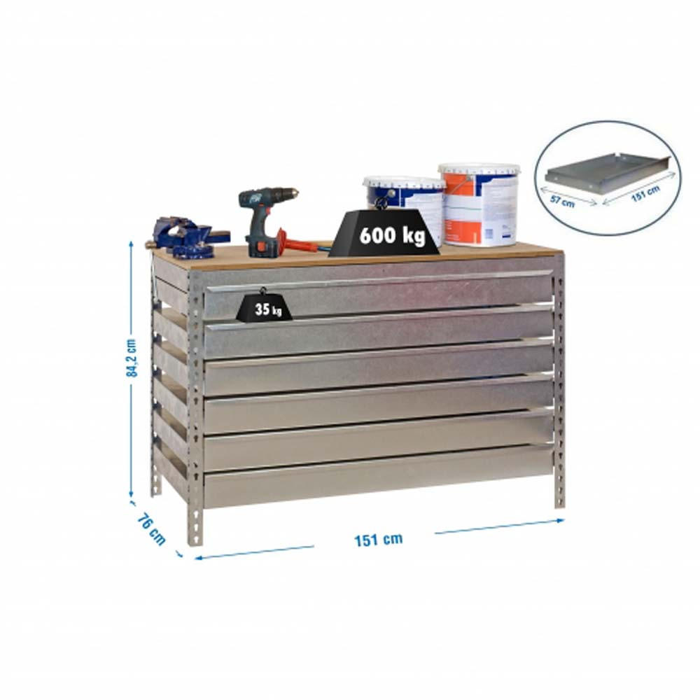 WERKBANK BUFFALO mit Schubfächern | HxBxT 84x150x76cm | Traglast 600kg | Verzinkt - Silberfarben, Metall (150/84/76cm) - PROREGAL