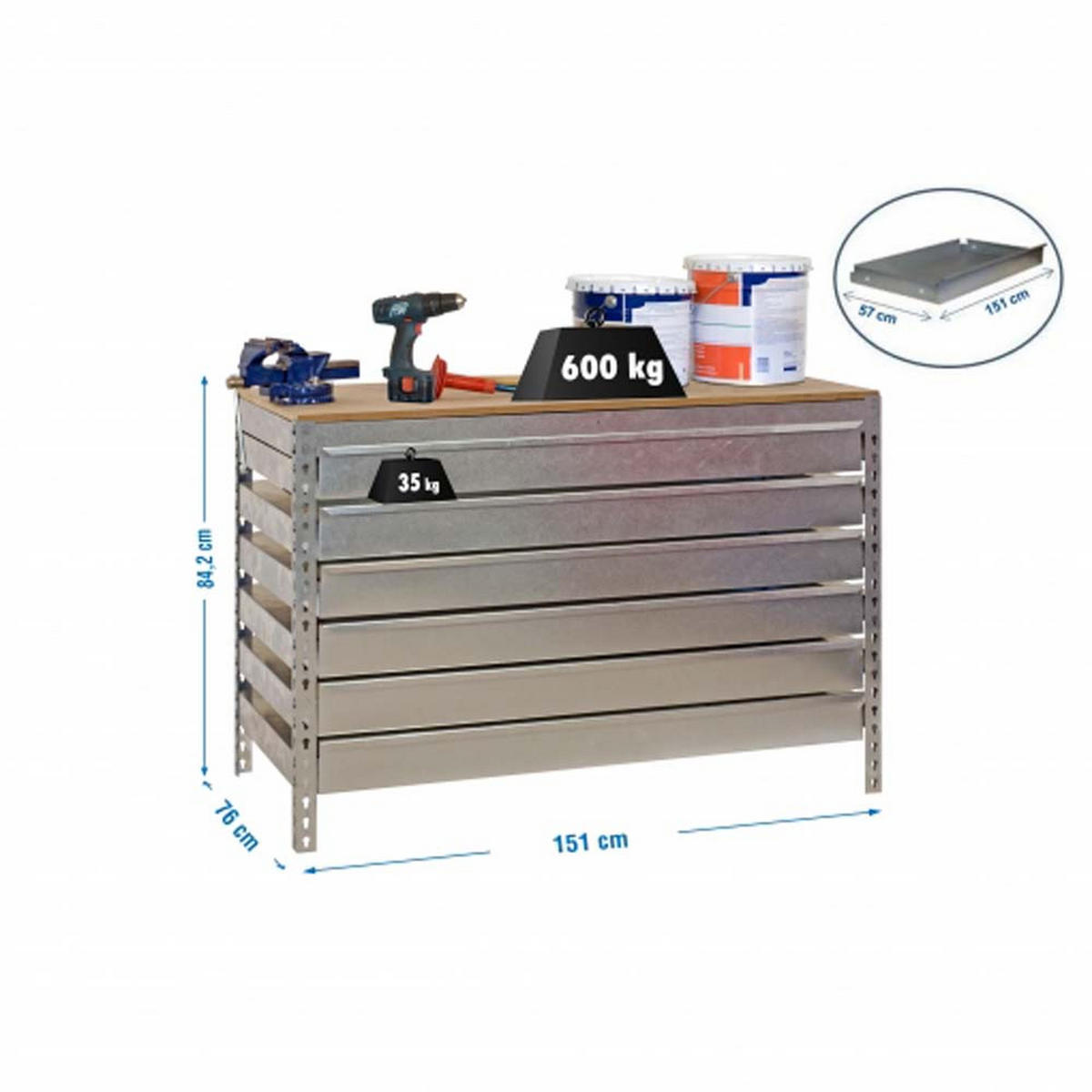 WERKBANK BUFFALO mit Schubfächern | HxBxT 84x150x76cm | Traglast 600kg | Verzinkt - Silberfarben, Metall (150/84/76cm) - PROREGAL