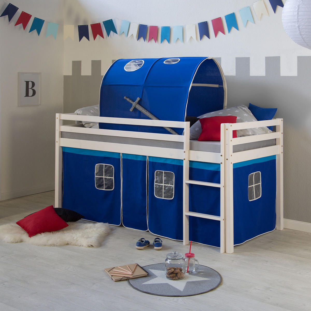 HOCHBETT mit Lattenrost 90/200 cm Matratze Tunnel Blau - Blau/Weiß, Holz - Homestyle4u