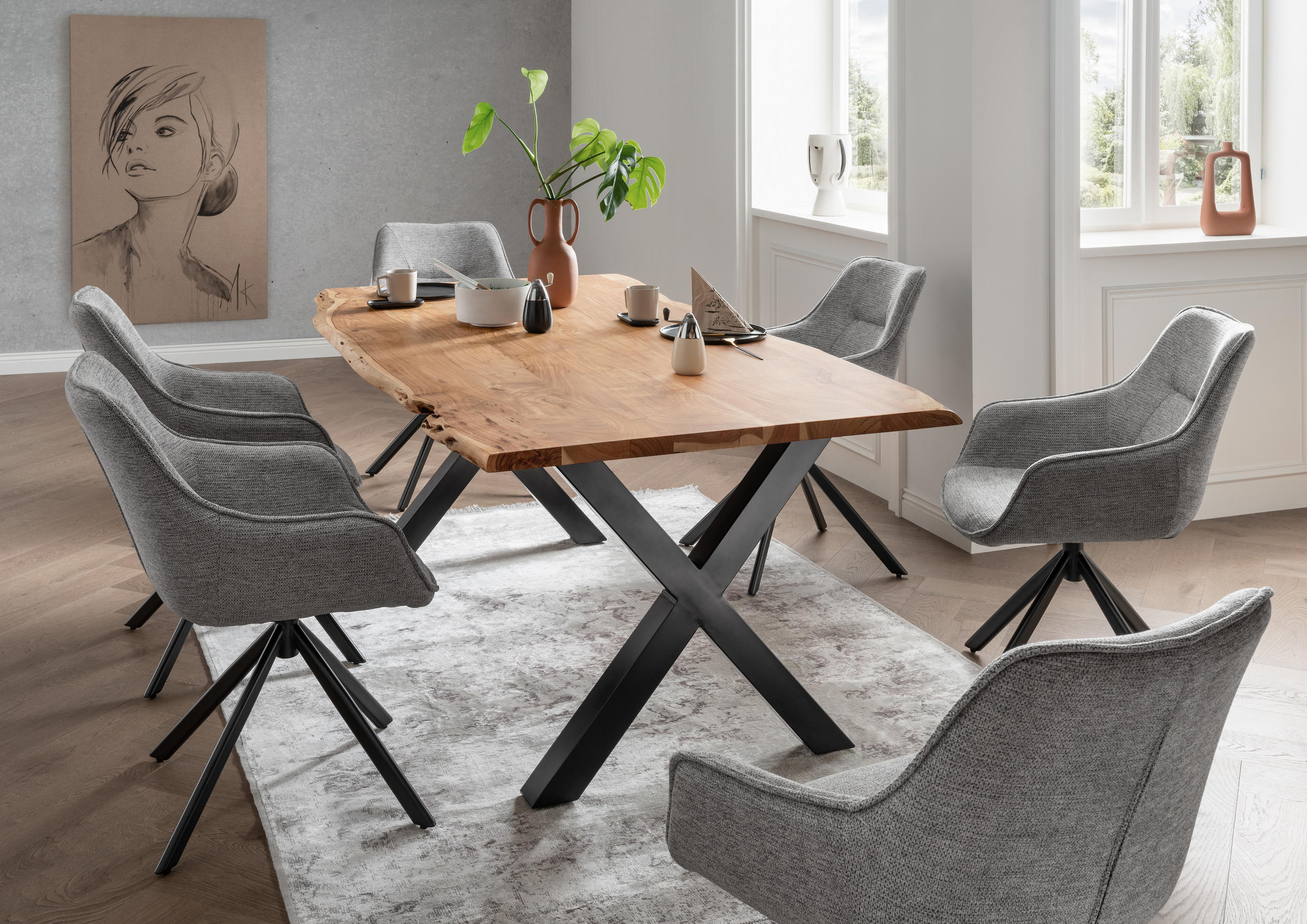 BAUMKANTENTISCH Catania Akazie X-Bein Gestell 200 x 100 cm - Schwarz/Braun, Holz/Metall (200/100/75cm) - Mr. Deko