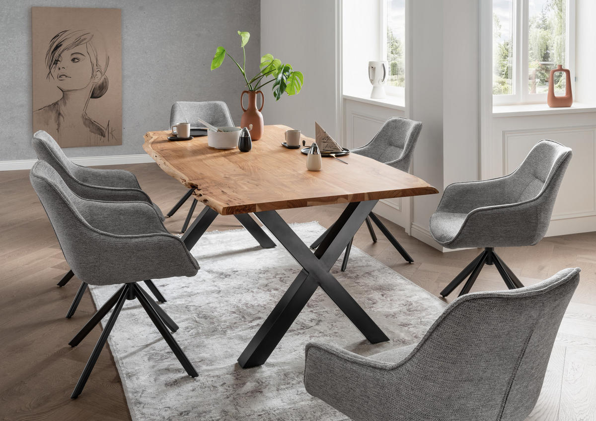 BAUMKANTENTISCH Catania Akazie X-Bein Gestell 200 x 100 cm - Schwarz/Braun, Holz/Metall (200/100/75cm) - Mr. Deko