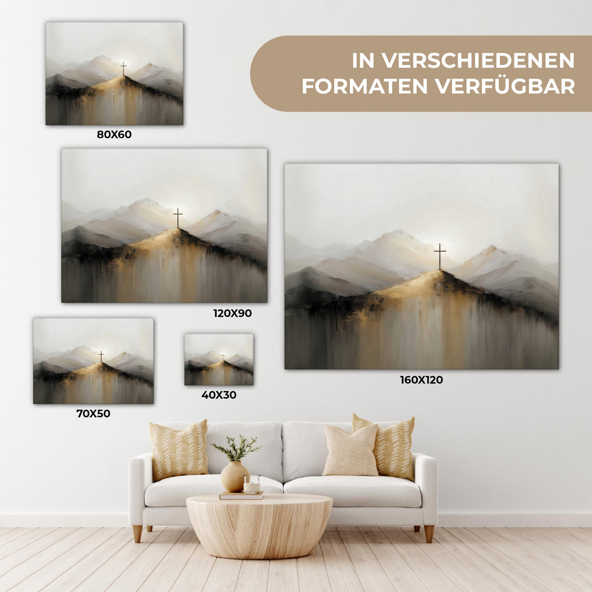 LEINWANDBILD Hügel - Abstrakt - Kreuz - Christentum Wandbild 40x30 cm - Beige, Textil (40/30cm) - MuchoWow