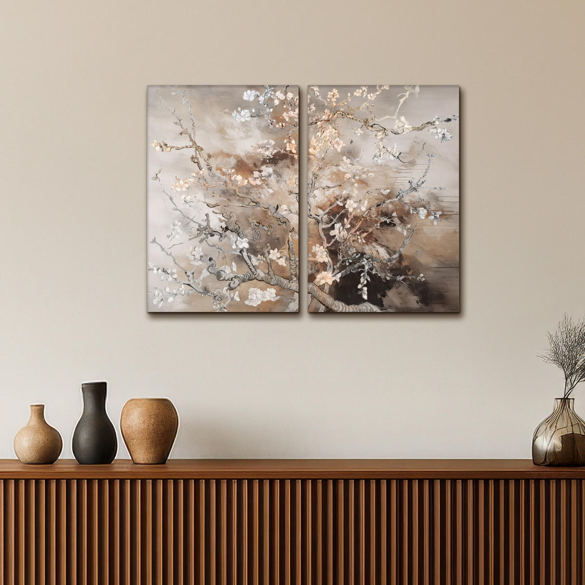 LEINWANDBILD 2er Set Mandelblüte - Abstrakt - Beige 80x60 cm - Beige, Textil (80/60cm) - MuchoWow