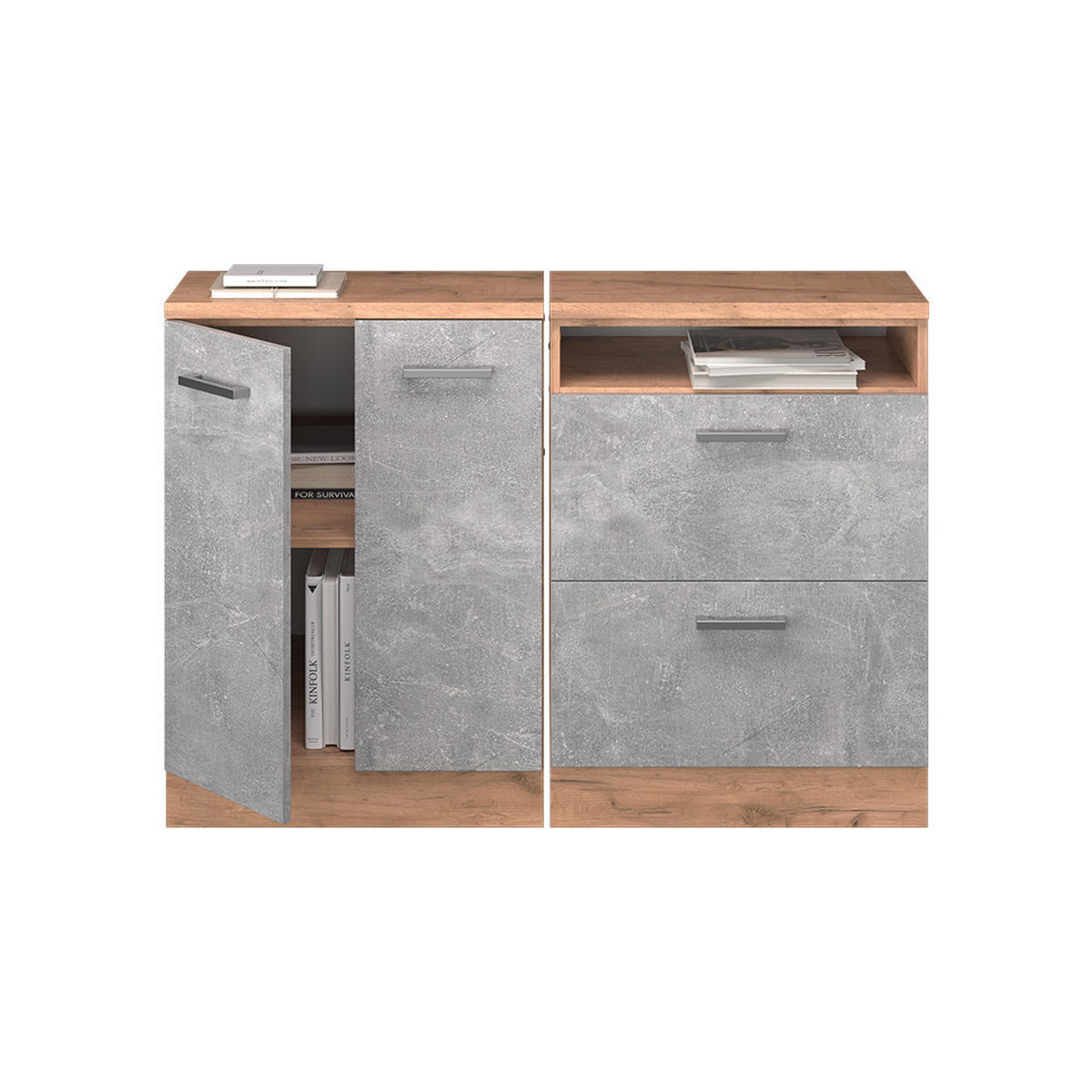 KUHINJSKI ORMAR ZA KOSINE KROVA R-Line Beton 120 cm Set od 2 korpusa ormara, dubina 60 cm - hrast medunac/siva, drvni materijal (120/83.8/60cm) - Vicco