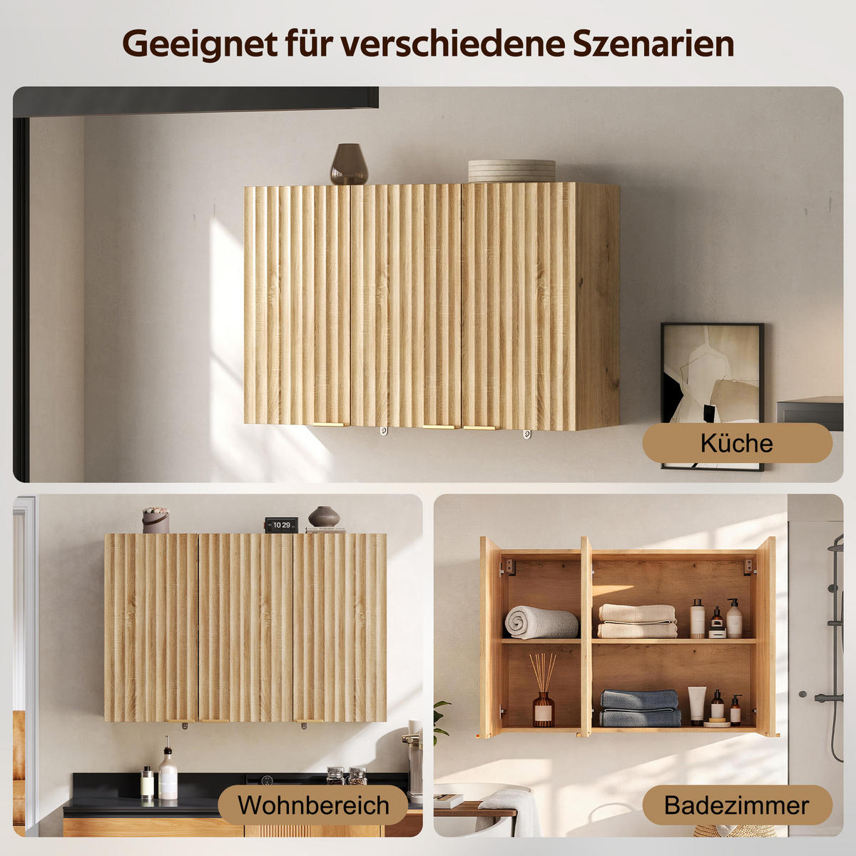 HÄNGESCHRANK DE-38748 90/29/60 cm 3 Türen und Wellenstruktur Natur - Naturfarben, Holzwerkstoff (90/60/29cm) - ComfortXL
