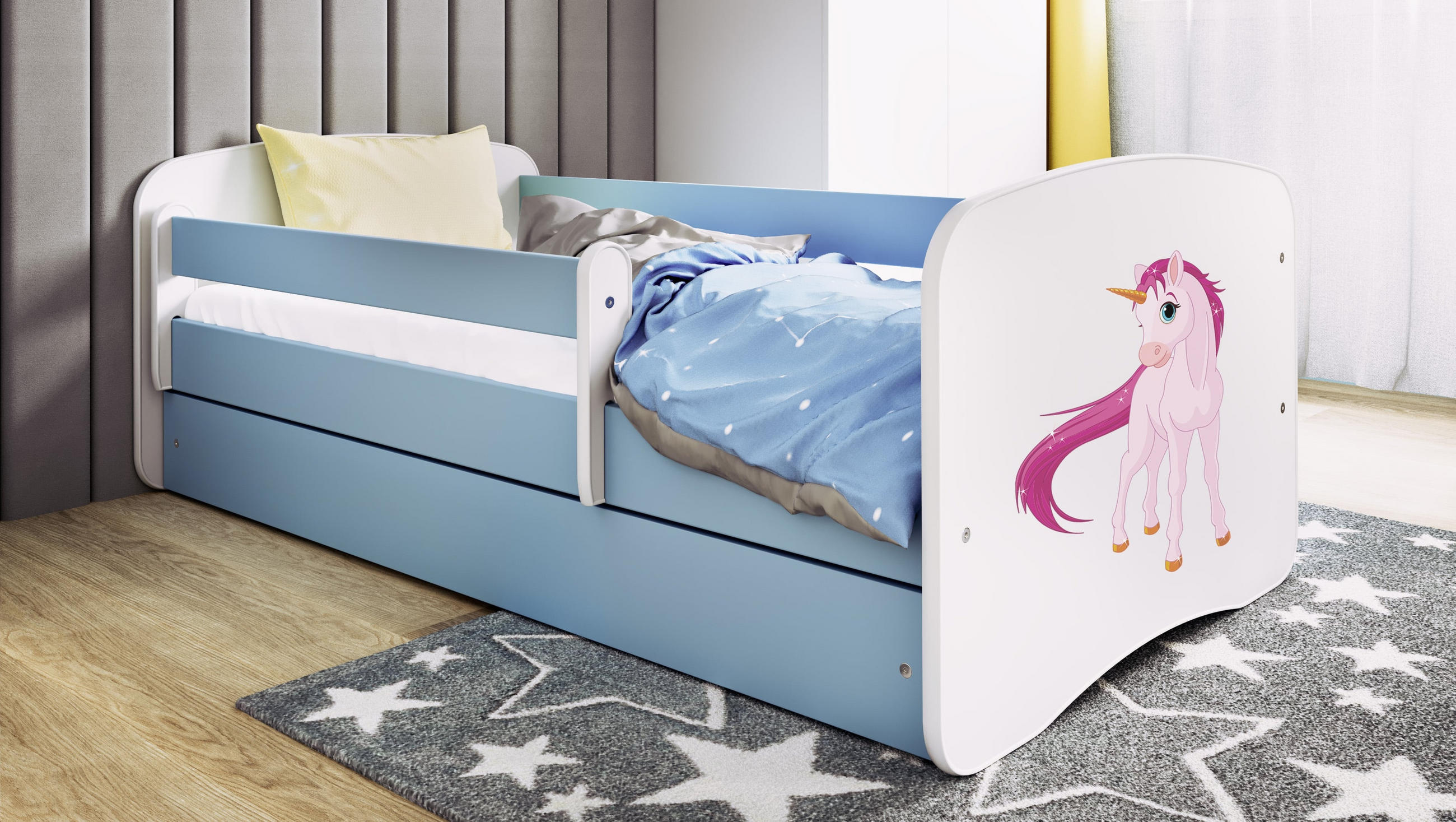 KINDERBETT Einhorn 70x140 cm mit Schublade, Rausfallschutz & Lattenrost, Blau - Blau, Holzwerkstoff (70/140cm) - RAUMHIRSCH FURNITURE