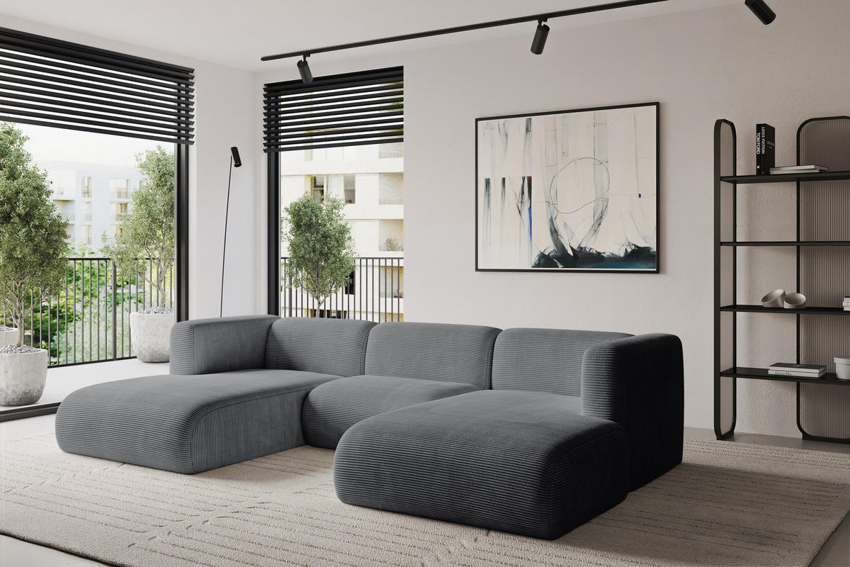 WOHNLANDSCHAFT MIRA-U1 317x179x70 Dunkelgrau Cord - Dunkelgrau/Schwarz, Holzwerkstoff/Kunststoff (317/70/179cm) - ALTDECOR