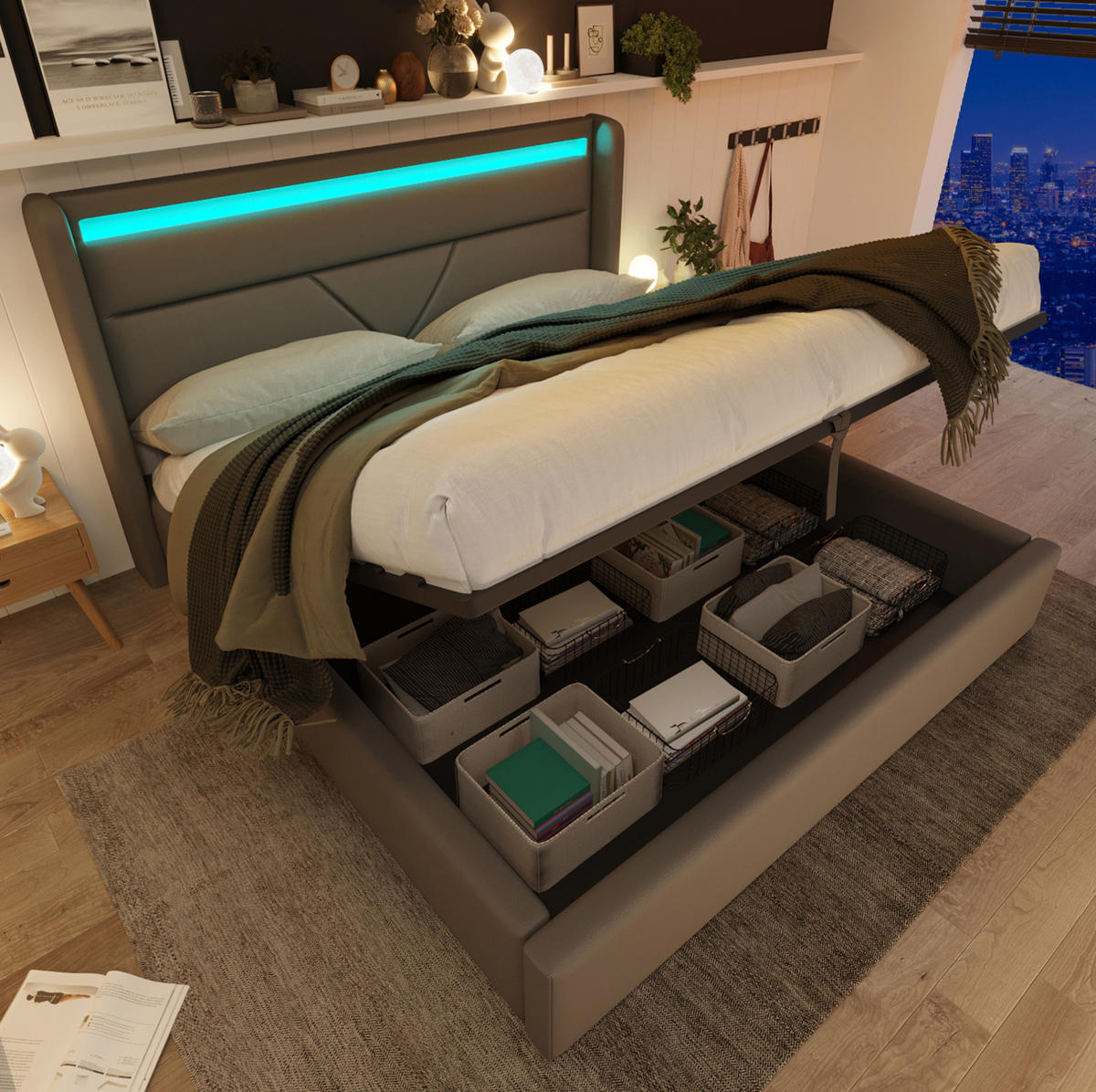 POLSTERBETT mit LED und Bettkasten 140x200 cm PU Grau - Grau, Metall (140/200cm) - Meubliv