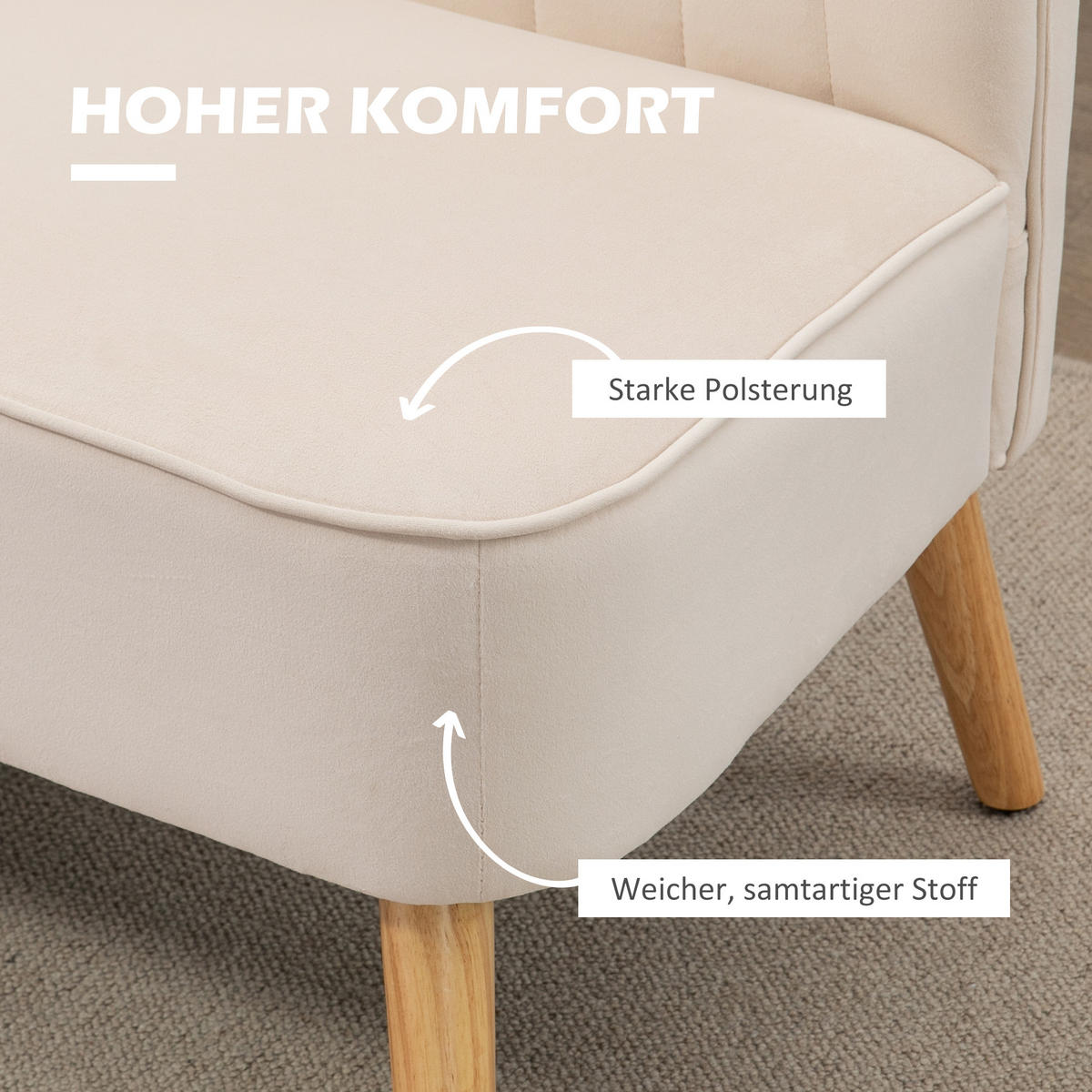 2-SITZER Sofa Zweisitzer, Loveseat mit Leinenoptik, Doppelsofa mit Holzbeine - Creme/Naturfarben, Holz/Textil (56.5/77/117cm) - HOMCOM