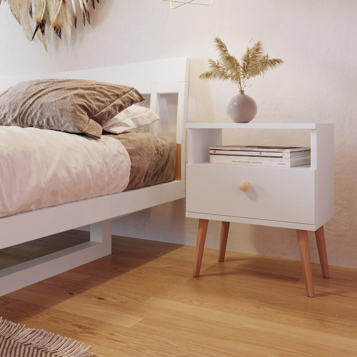 NACHTSCHRANK NATURA 44x31 cm, Weiß Matt, mit Schublade und Fach - Weiß, Holzwerkstoff (44/55.5/31cm) - Excellent Home