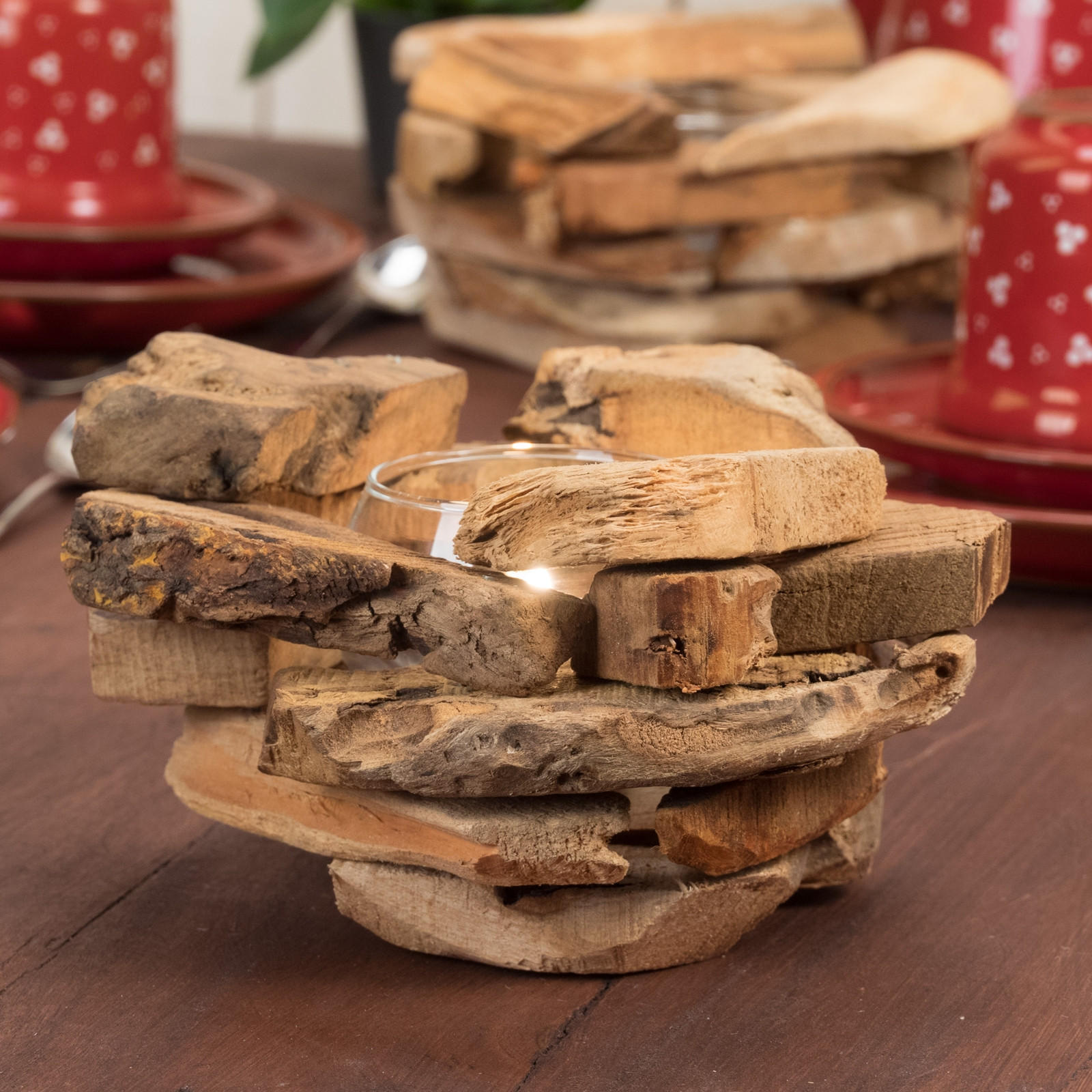 TEELICHTHALTER Mio Wurzelholz, mit Glaseinsatz naturfarben - Naturfarben, Holz (15/10/15cm) - CREEDWOOD