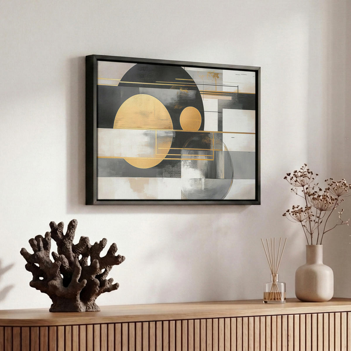 LEINWAND Bilder mit Rahmen - Abstrakt - Gold - Silber - Formen - Ästhetisch - Modern - 30x20 - Goldfarben, Textil (30/20cm) - MuchoWow