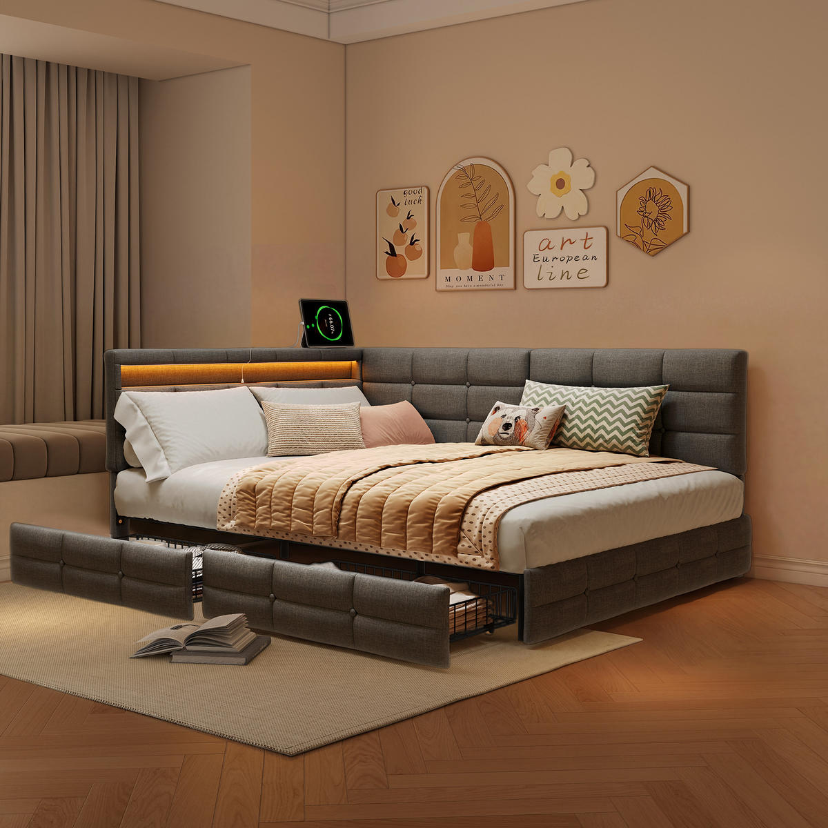 POLSTERBETT 140/190 cm Grau mit Schublade und USB-Anschlüssen - Grau, Holz (140/190cm) - SHOPENTRA