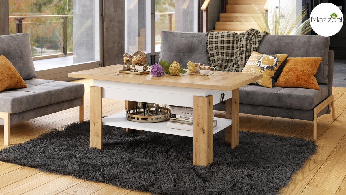 COUCHTISCH rechteckig Eiche Gold - Weiß ausziehbar höhenverstellbar - Eichefarben/Weiß, Holzwerkstoff (65/130/58cm) - designimpex