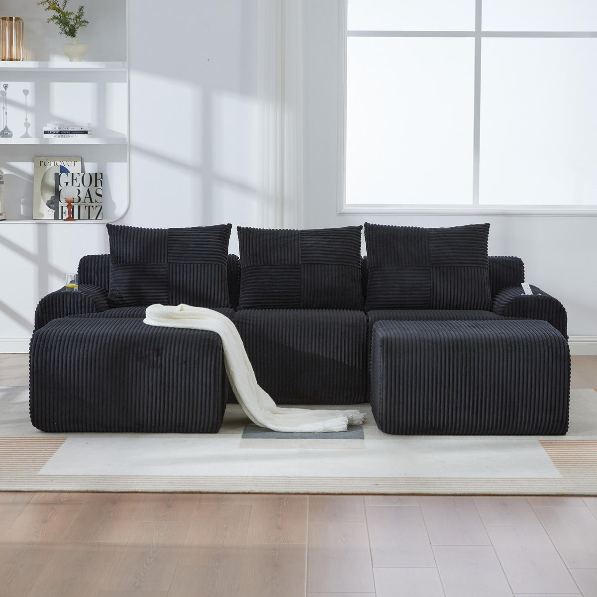 3-SITZER Wohnlandschaft Cord mit Getränkehalter und Aufbewahrungstasche 268/174/80 cm Schwarz - Schwarz, Textil (174/80/268cm) - Redom