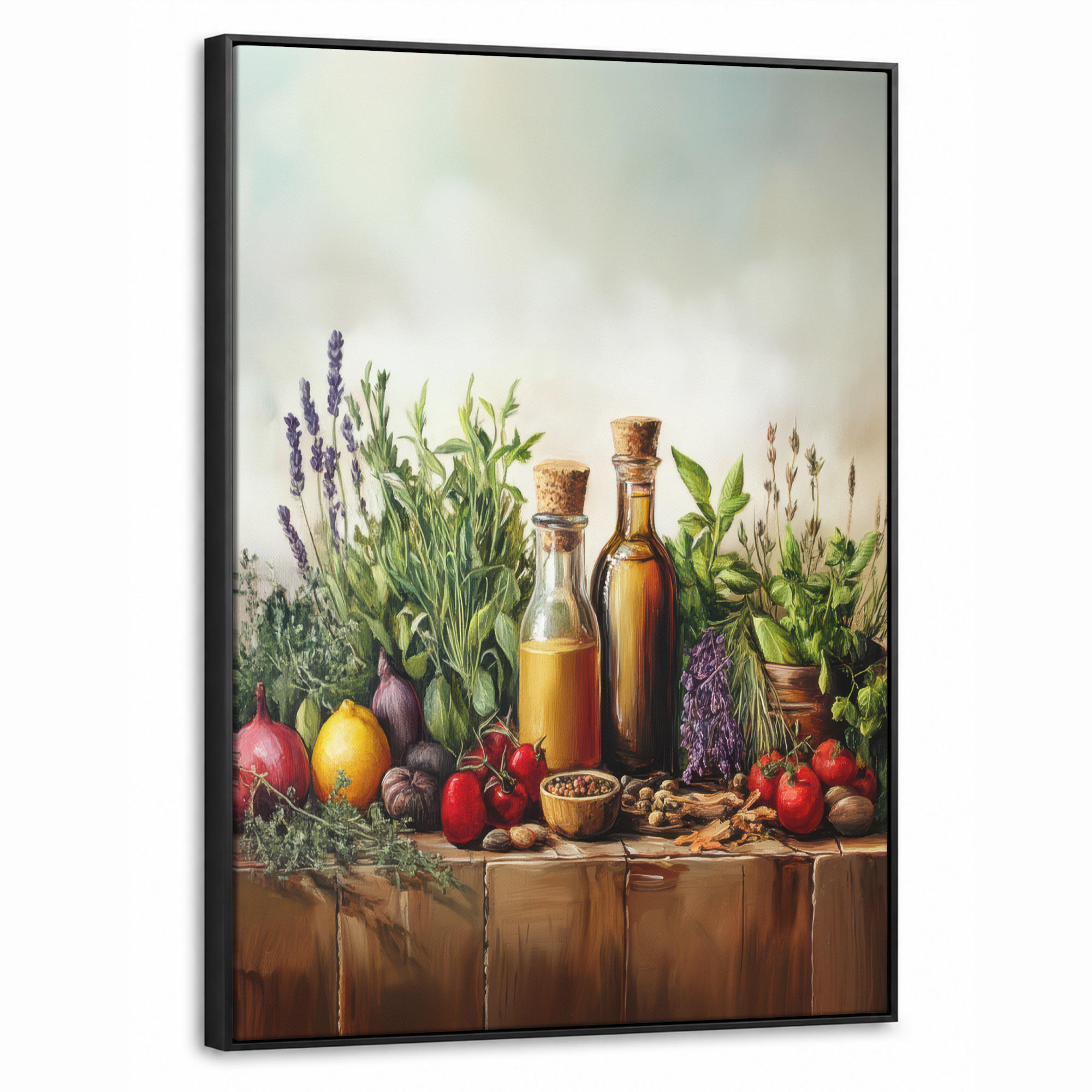 LEINWAND Bilder mit Rahmen - Stilleben - Kräuter - Gewürze - Früchte - Farbenfroh - 70x100 - Grün, Textil (70/100cm) - MuchoWow