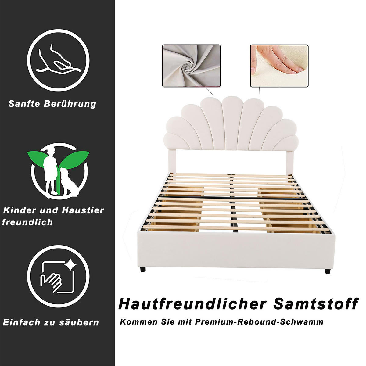 POLSTERBETT 140/200 cm in Beige Samt mit 4 Schubladen - Weiß, Holzwerkstoff/Textil (140/200cm) - WISHDOR