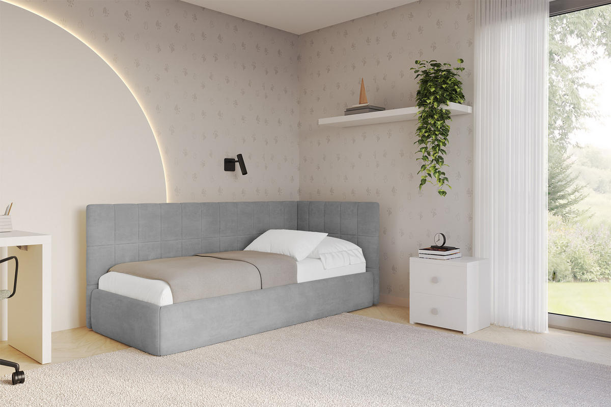 EINZELLBETT Jugendbett mit Bettkasten, Links - TULY 90x200 Grau - Hellgrau, Holzwerkstoff/Textil (90/200cm) - ALTDECOR
