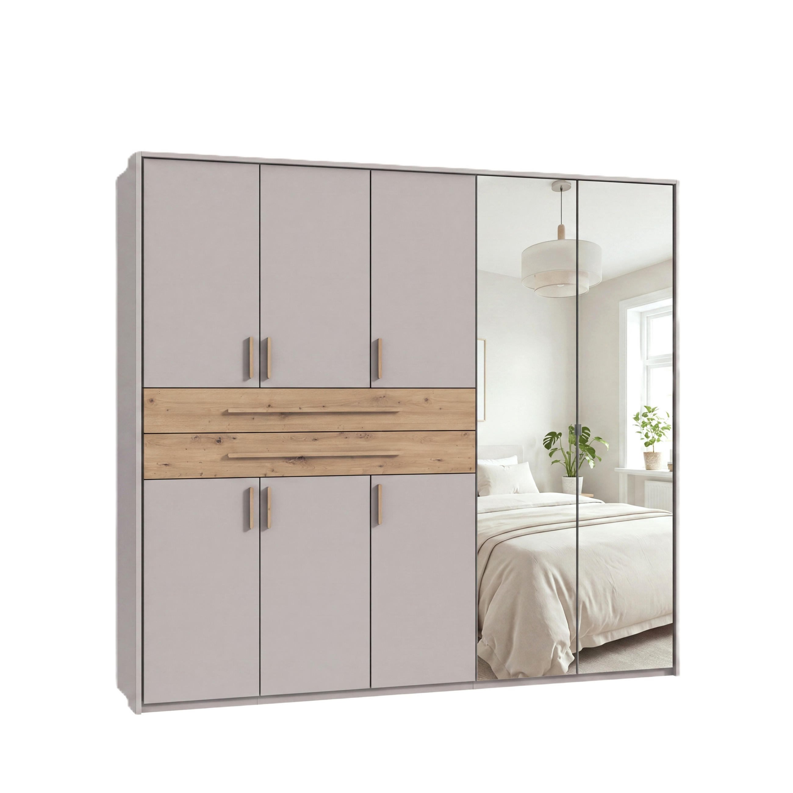 luma-home SKŘÍŇ S OTOČNÝMI DVEŘMI B228/H210/T58 cm, béžovo-šedá, s paspartou, 2 zrcadlové dveře, 2 velké zásuvky a úchytky v dekoru dub Artisan / 2263