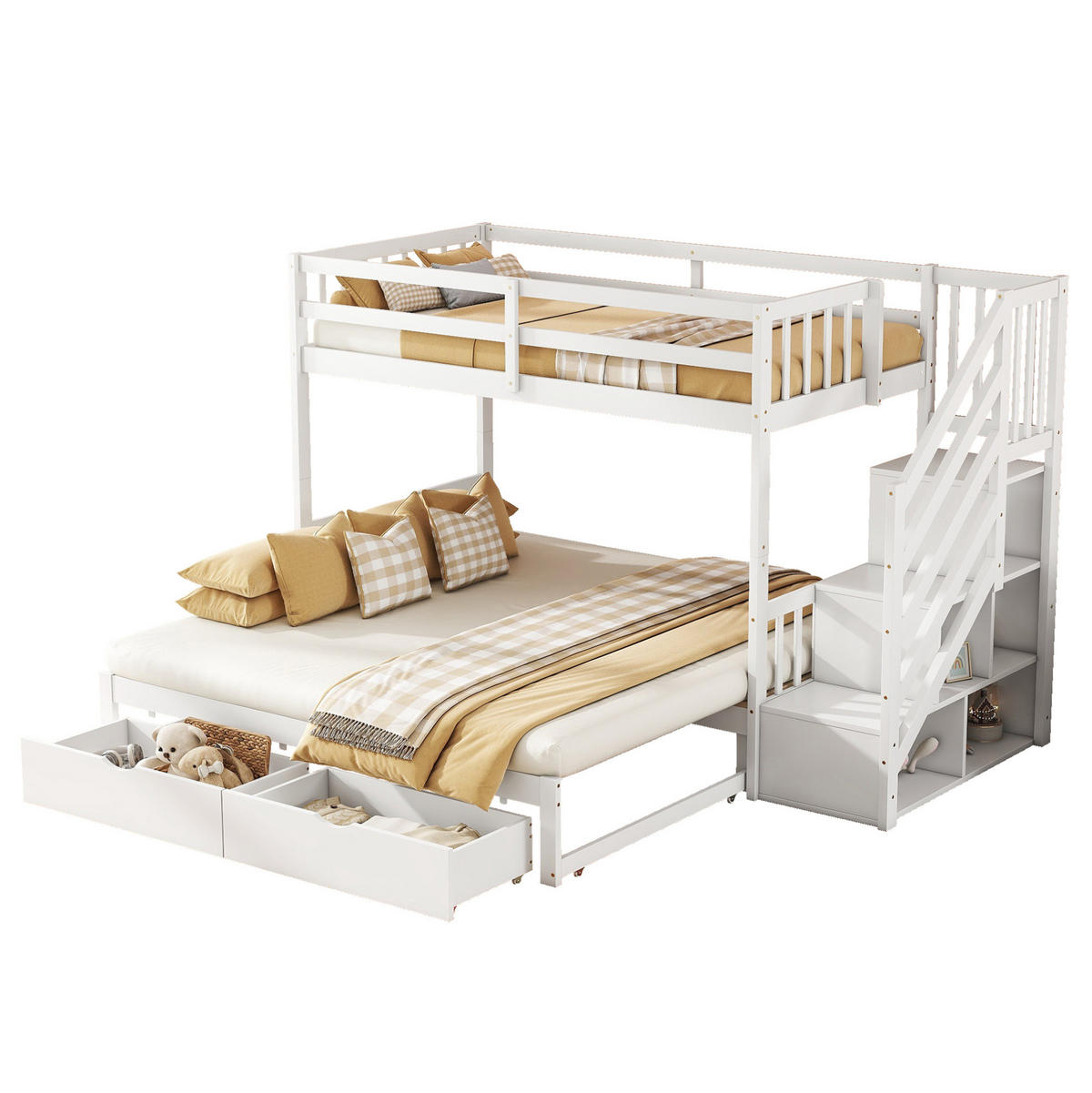 ETAGENBETT 90/200 cm Weiß mit Ausziehbett und zwei Schubladen aus Kiefernholz - Weiß, Holz (90/200cm) - OKWISH
