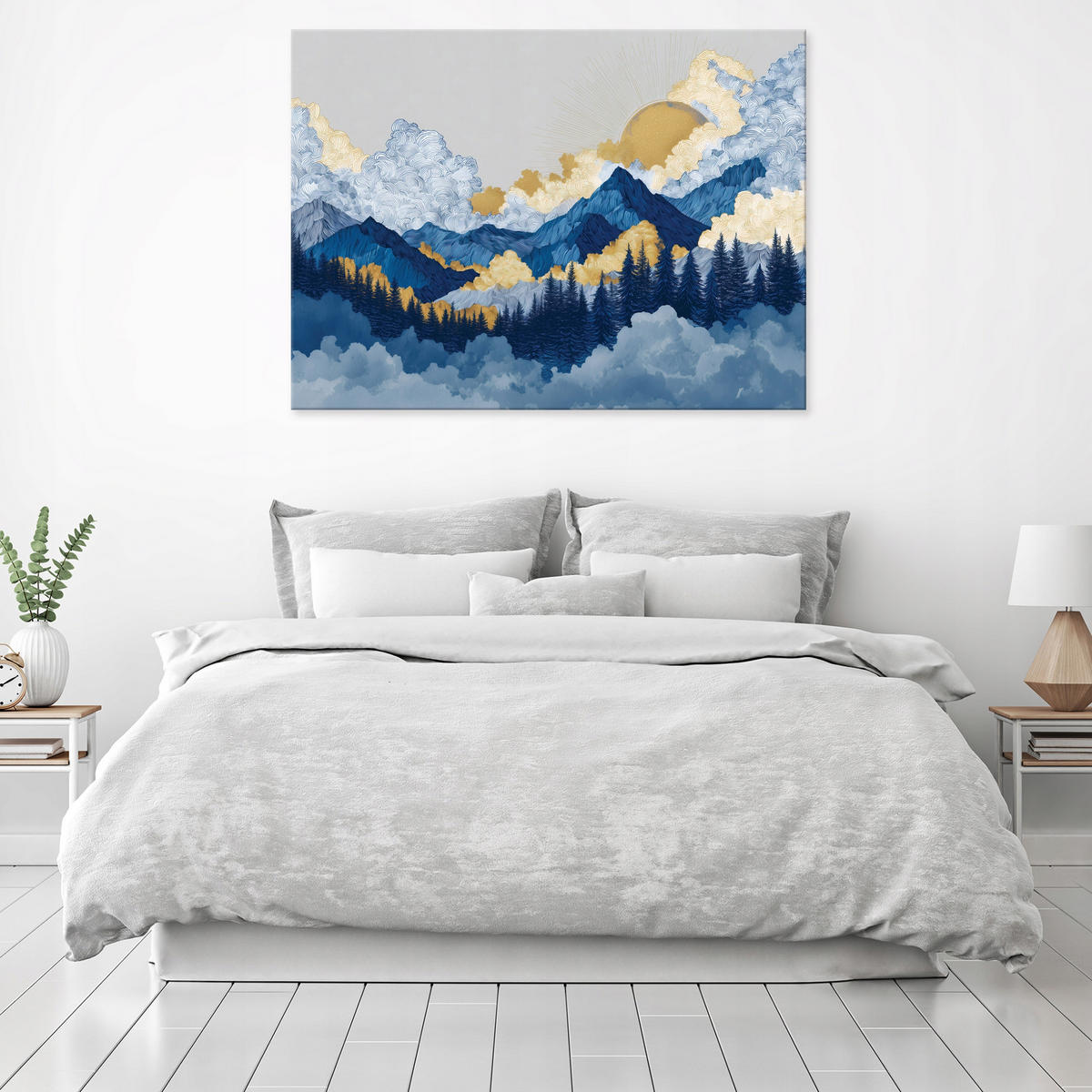 LEINWANDBILD Berge Aquarell Blau 60x40 cm - Multicolor, Holzwerkstoff (60/40cm) - Wallarena