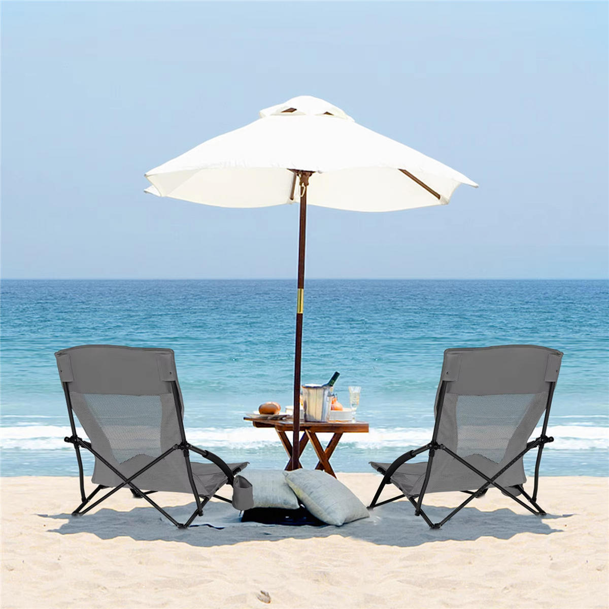 STRANDSTUHL 2ER SET mit Armlehne Getränkehalter Grau - Grau, Metall (51/67/65cm) - Coonoor