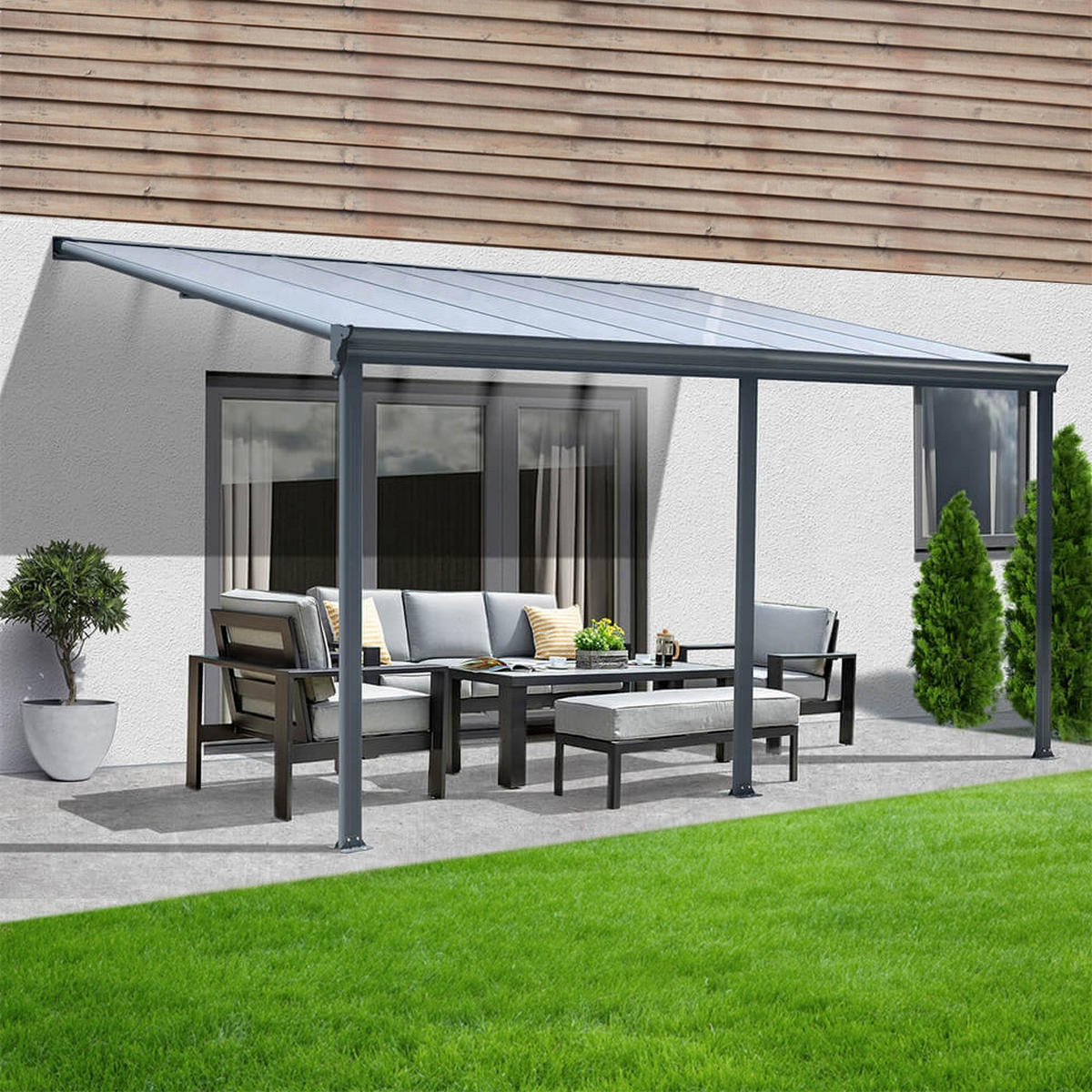 TERRASSENÜBERDACHUNG SOLIS - Farbe: Grau, Größe: 496 / 503 x 300 / 303 x 278 / 226 cm - Grau, Kunststoff (495/278/303cm) - Home Deluxe
