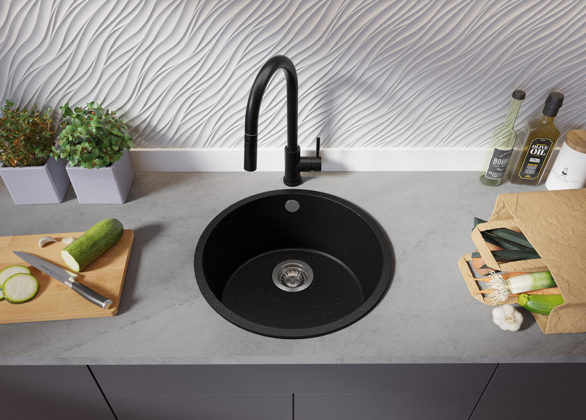 SPÜLBECKEN RUND Valletta Slim, 2-er set Schwarz Metallic 46/46 cm 1 Becken + Ablauf-Set ab 50er Unterschrank - Chromfarben/Schwarz Hochglanz, Kunststoff (46/20/46cm) - Primagran