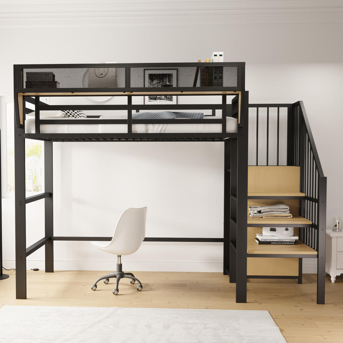 HOCHBETT aus Metall und MDF 90x200 cm Schwarz mit Sicherheitsleiter und flexiblem Regal - Schwarz, Metall (140/200cm) - Modfu