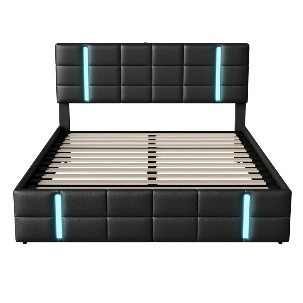 POLSTERBETT 140x200 cm mit LED-Beleuchtung , 2 USB-Ports und hydraulischem Stauraum - ohne Matratze - Schwarz, Textil (140/200cm) - DELFA