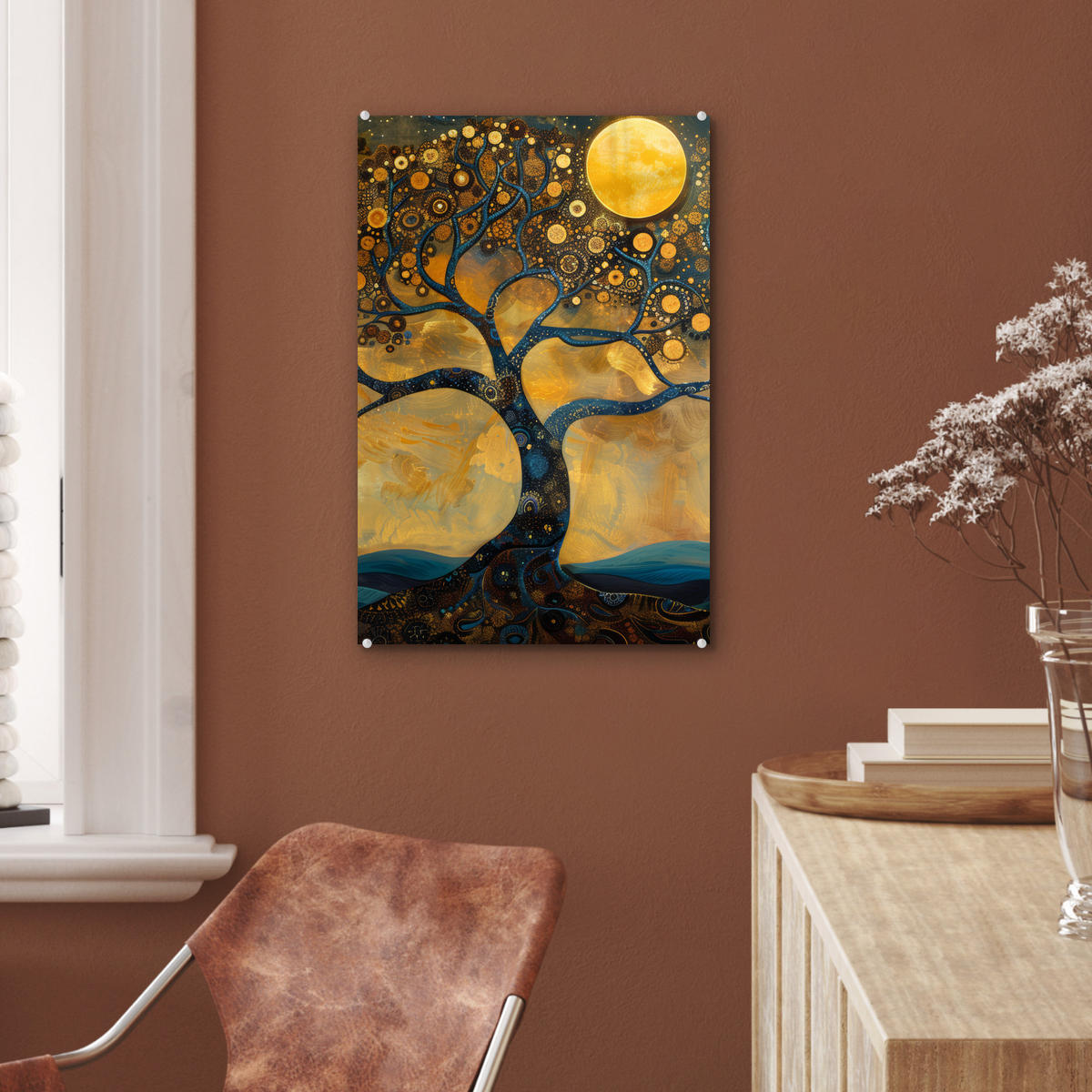 ACRYLGLASBILD Baum - Mond - Blumen - Gold - Kunst 40x60 cm - Orange, Glas (40/60cm) - MuchoWow