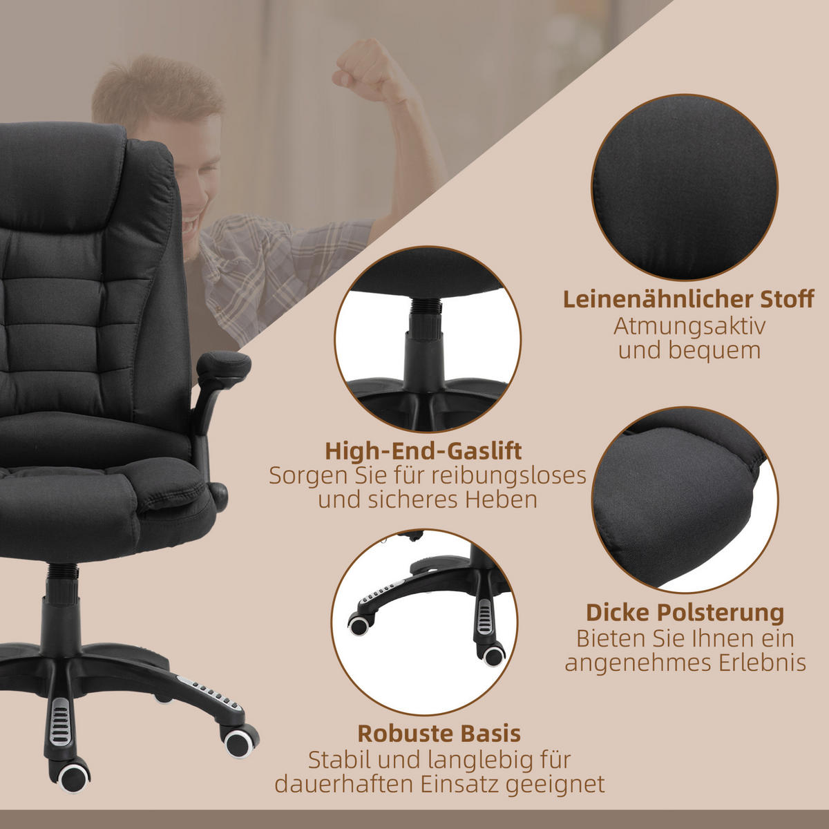 CHEFSESSEL in Schwarz 74x67x120 cm mit Massage- und Heizfunktion, höhenverstellbar - Schwarz, Textil (67/120/74cm) - IVMEU