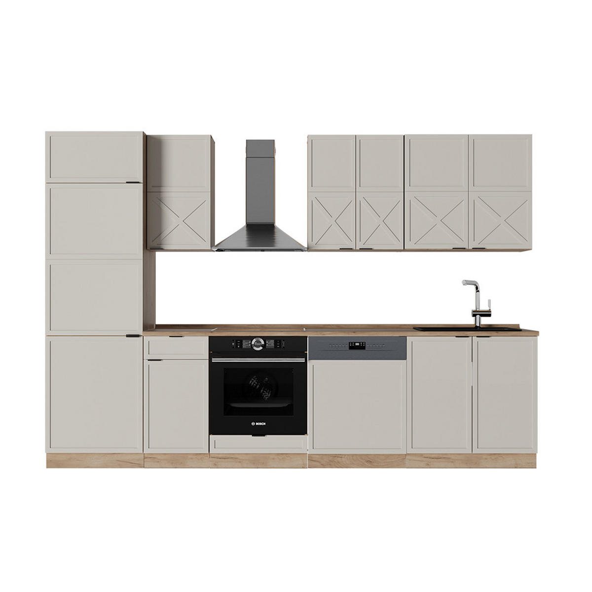 KÜCHENZEILE Fame-Line GrauBeige/Goldkraft Eiche 300 cm, AP Eiche - Honigeiche/Grau, Holzwerkstoff (300/81.6/60cm) - Vicco