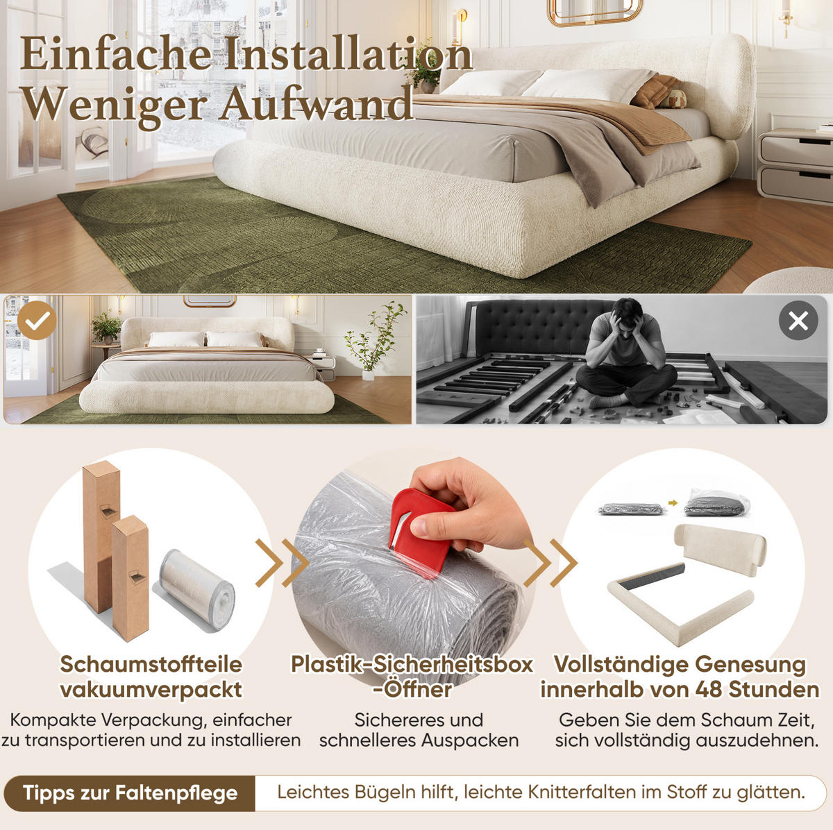 POLSTERBETT mit Chenille-Bezug 140x200 cm Beige mit Lattenrost und Kopfteil - Beige, Textil (140/200cm) - Modfu