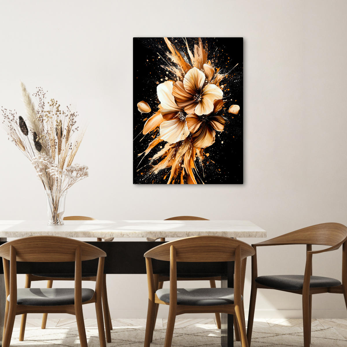 LEINWANDBILD Blumen - Gold - Graffiti - Schwarz - Abstrakt 60x80 cm - Cappuccino, Textil (60/80cm) - MuchoWow