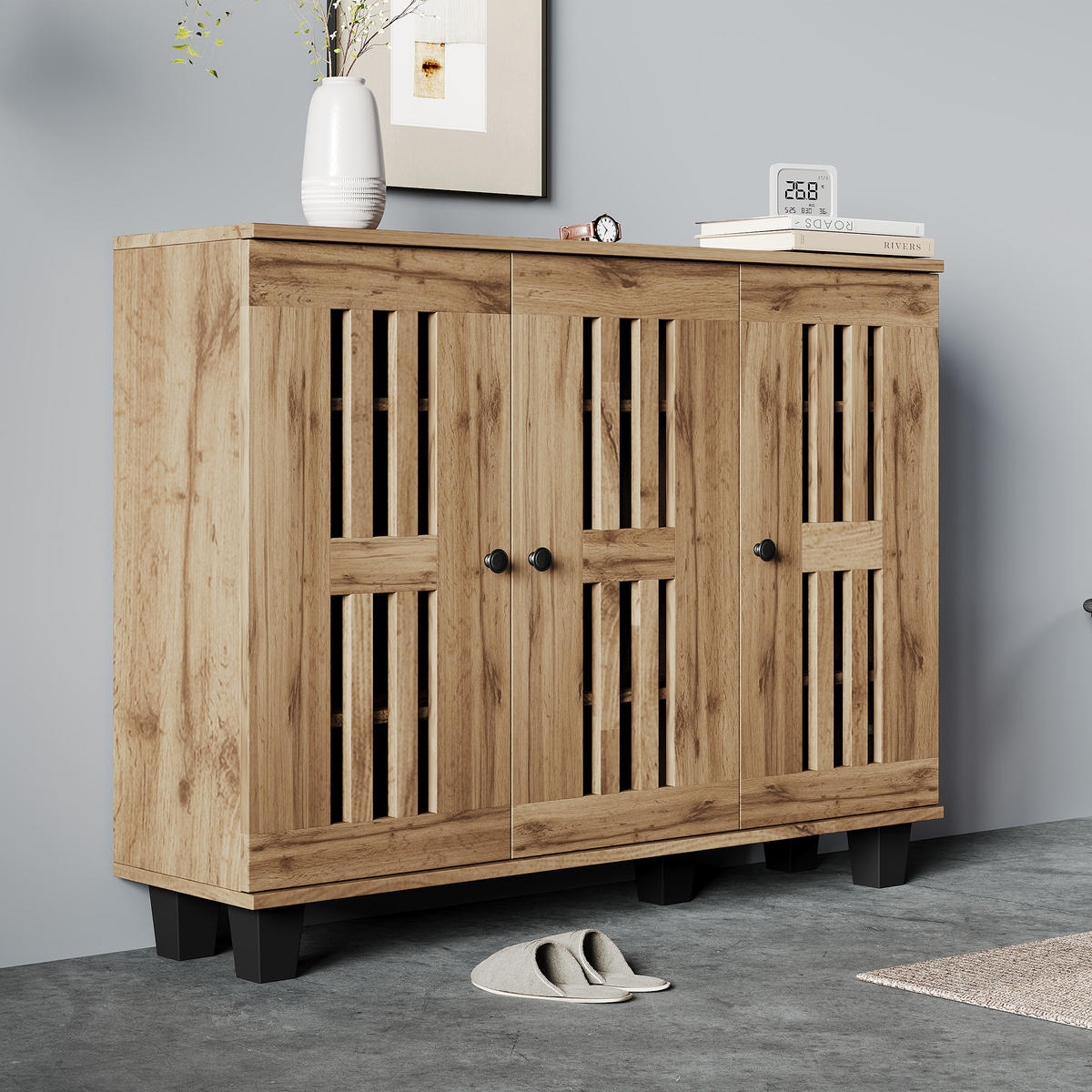 SIDEBOARD 120/32/92 cm mit 3 Türen in Naturfarbe und 8 Fächern - Naturfarben, Holzwerkstoff (120/92/32cm) - BEAOK