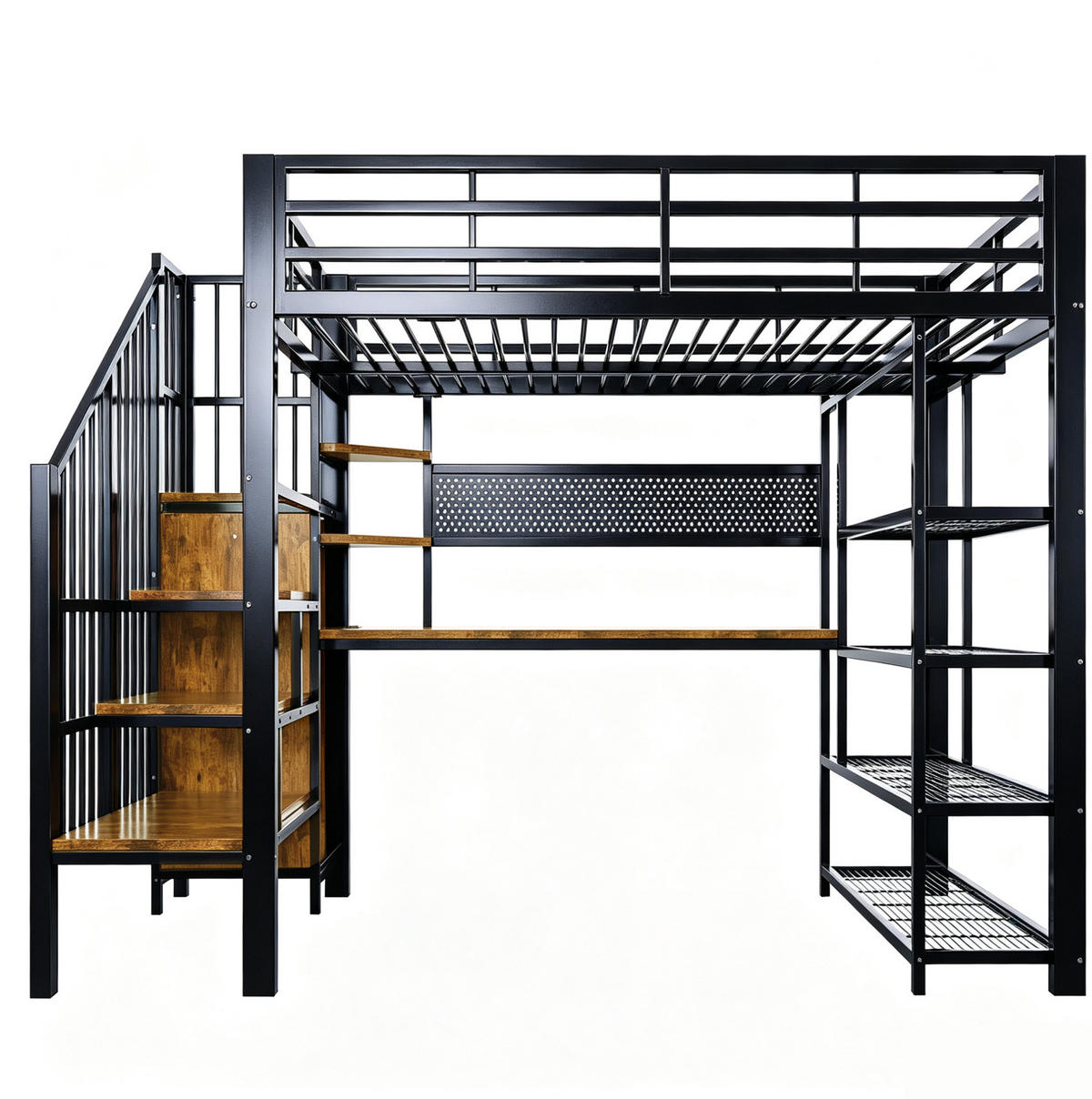 HOCHBETT 140/200 cm aus Metall und Holzwerkstoffen mit Treppe, Schreibtisch, Regal und LED Schwarz - Schwarz, Metall (140/200cm) - Modenvie