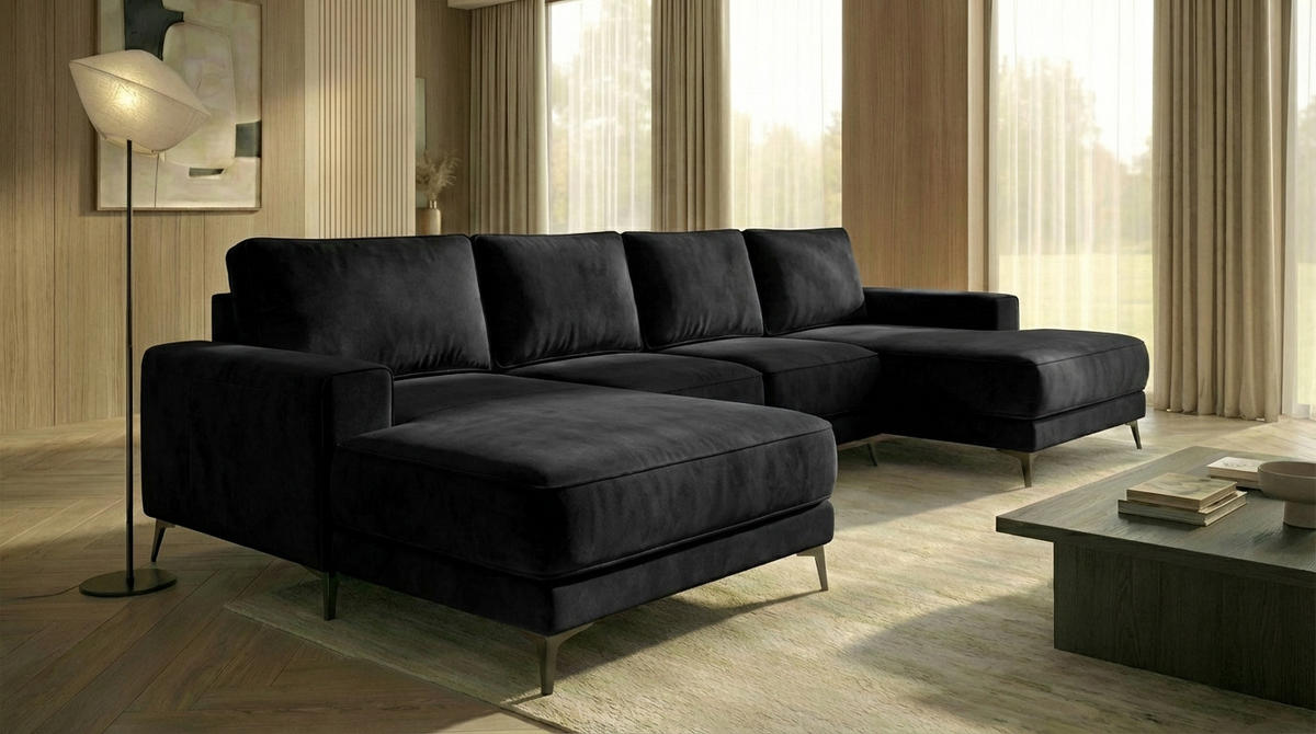 ECKSOFA VALTOR 320 cm x 185 cm – Stoff: VELUTTO Schwarz 20 Farbe: Schwarz - Schwarz, Textil (320/185cm) - A&J MöbelLand