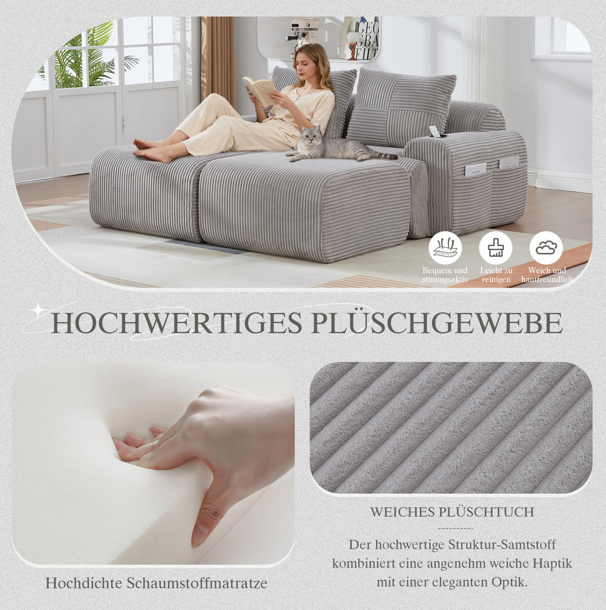 SOFA Modulares 200/174/80 cm in Hellgrau mit Cupholder und Seitentasche - Hellgrau, Textil (174/80/200cm) - Flora Grace