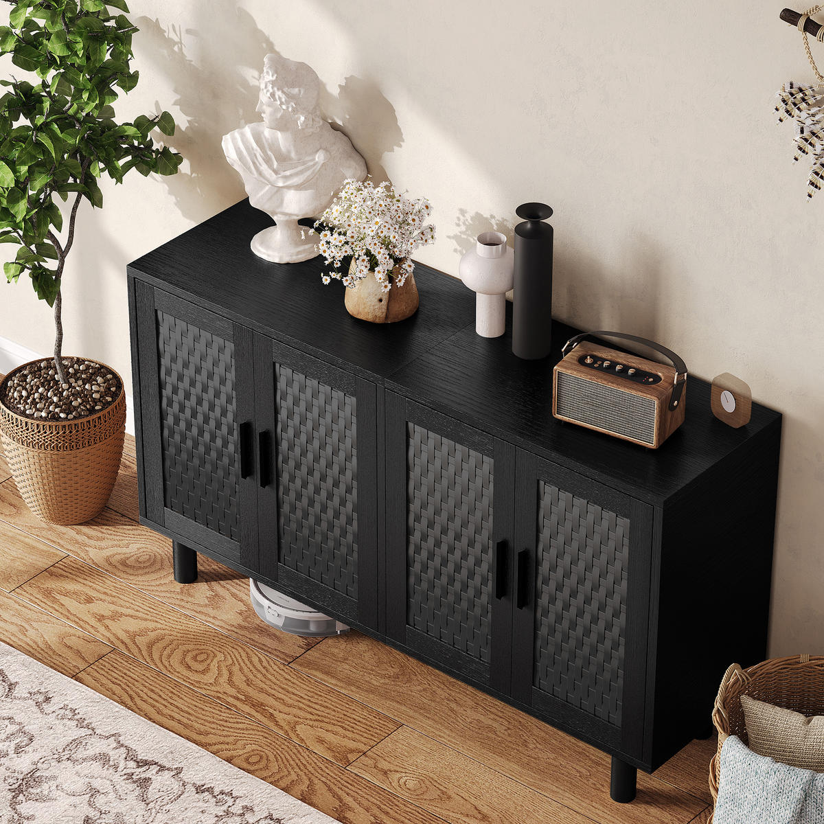 SIDEBOARD 140x40x80 cm Rattan Stauraum schwarz - Schwarz, Holz (140/80/40cm) - Fortuna Lai