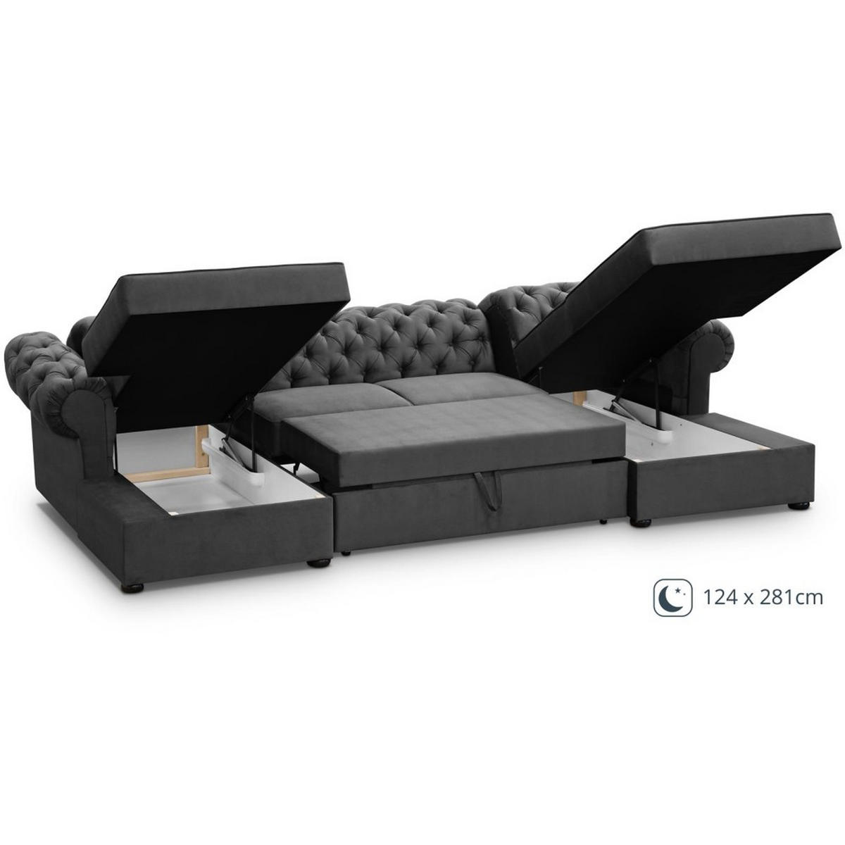WOHNLANDSCHAFT Chester im Chesterfield-Stil, Grau - Schwarz/Grau, Textil (348/81/174cm) - Beautysofa