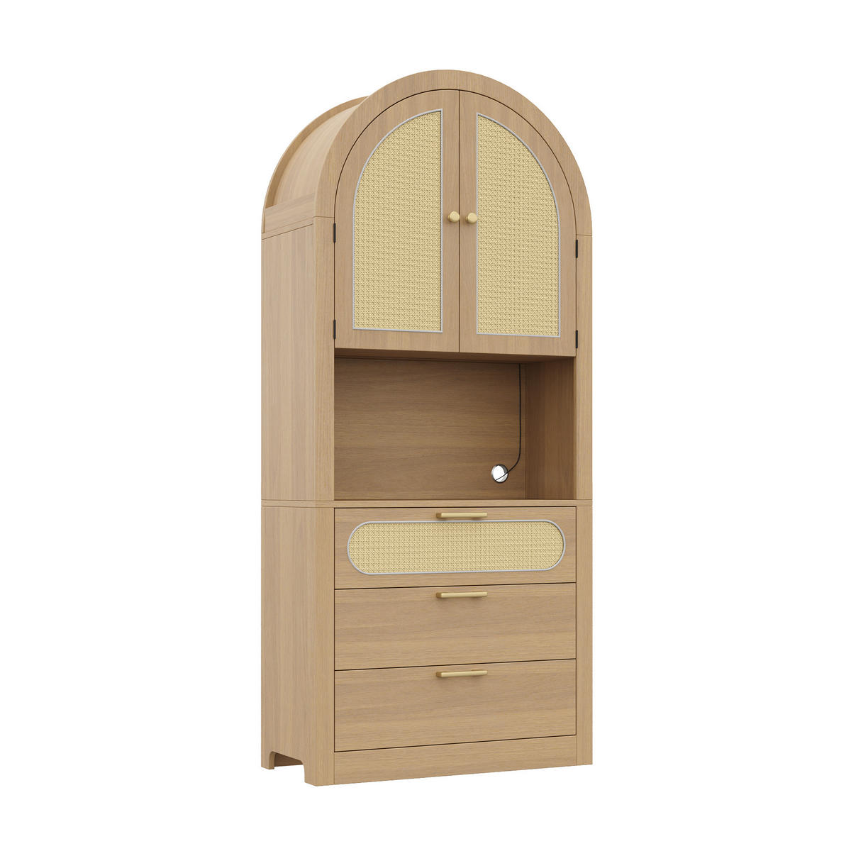 HIGHBOARD in heller Eiche-Optik mit Rattantüren, mit LED-Beleuchtung und viel Stauraum - Naturfarben, Holzwerkstoff (80/180/35cm) - Urban Meuble