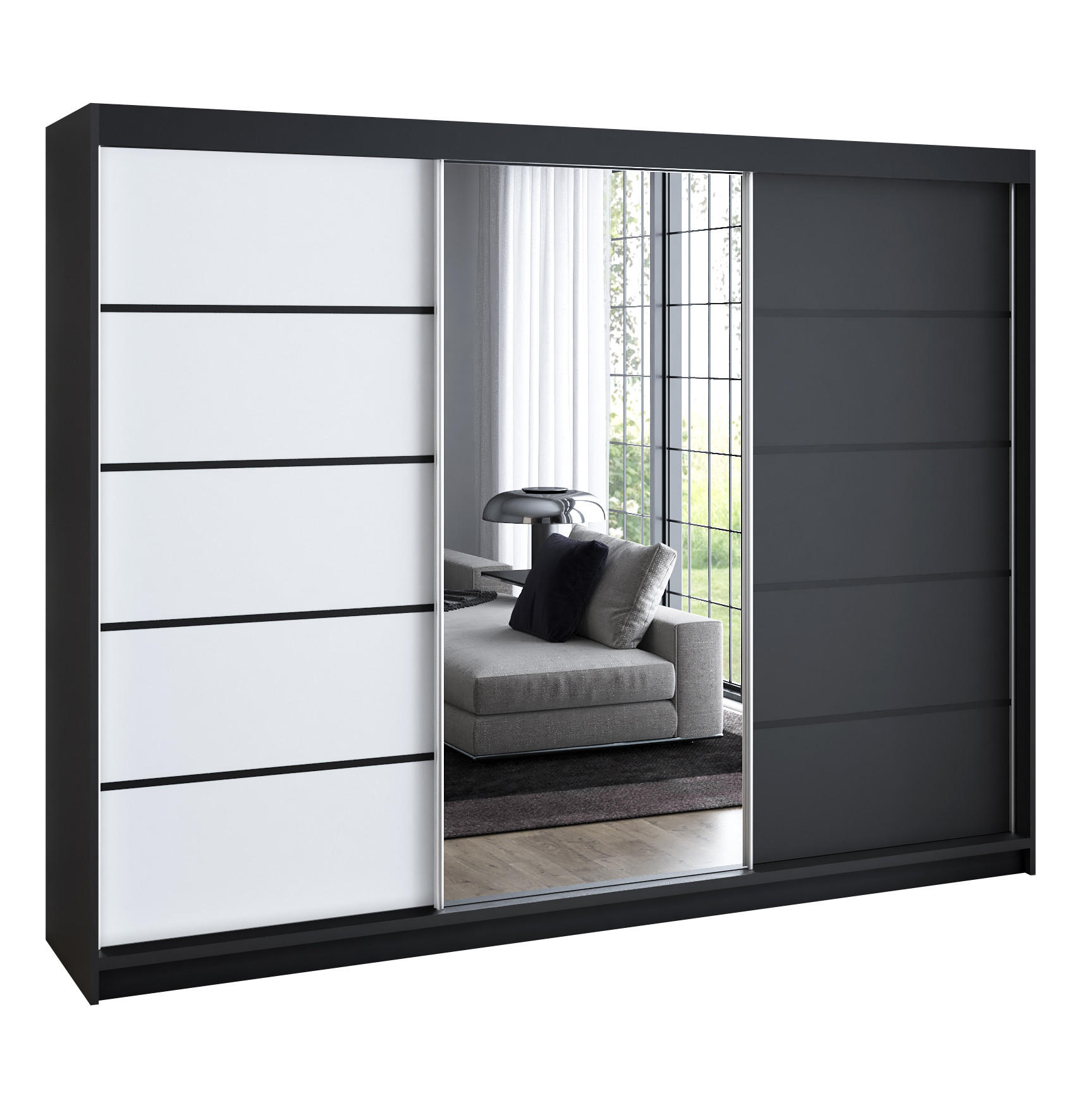 A&J MöbelLand Schwebetürenschrank Schwarz, Weiß, Schwarz 200x215x59.5 cm