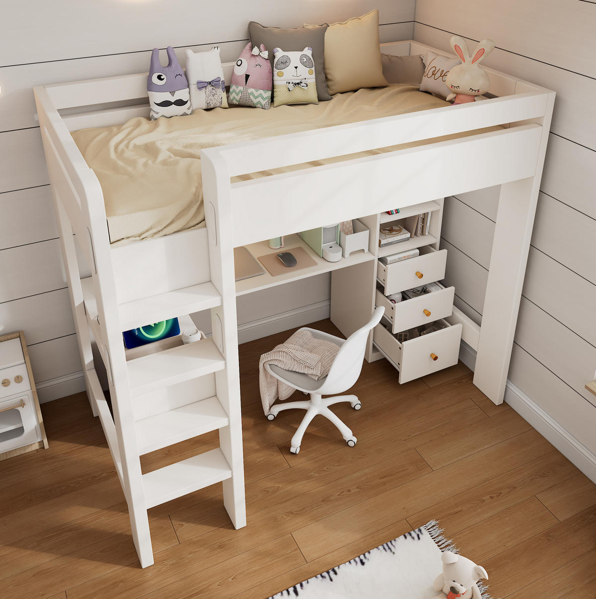 HOCHBETT 90/200 cm Weiß mit L-förmigem Schreibtisch und USB- und Type-C-Anschlüssen - Weiß, Holzwerkstoff (90/200cm) - OKWISH