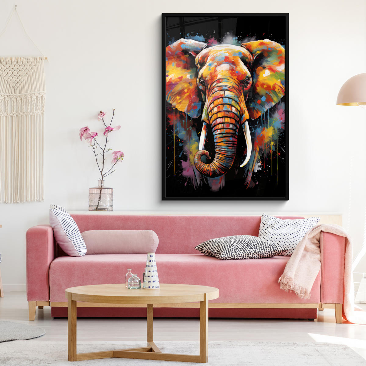 GERAHMTES BILD Elefant - Graffiti - Schwarz - Tiere - Farben 80x120 cm - Schwarz, Papier (80/120cm) - MuchoWow
