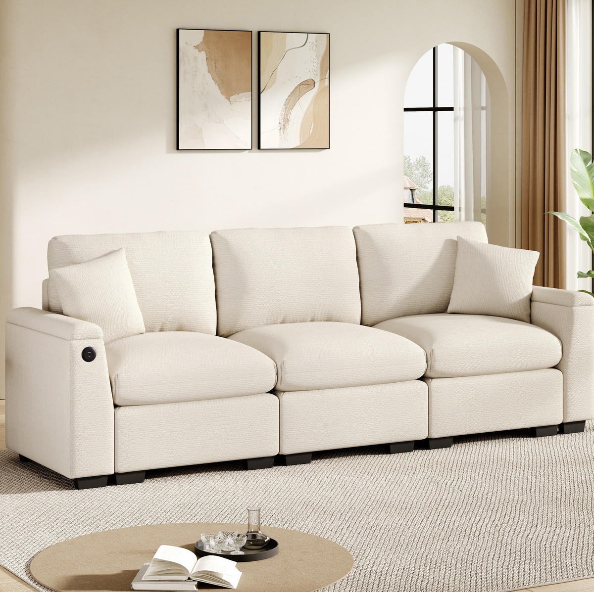 3-SITZER Sofa Chenille mit Klapptisch USB-Anschluss und Stauraum 242/80/88 cm Beige - Beige, Kunststoff/Textil (80/88/242cm) - Redom