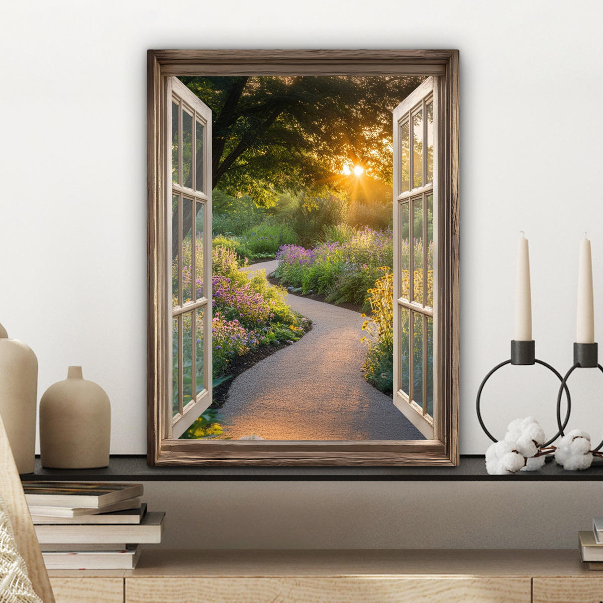 LEINWANDBILD Aussicht - Blumen - Natur - Sonne - Weg Room Decor 30x40 cm - Hellgelb, Textil (30/40cm) - MuchoWow