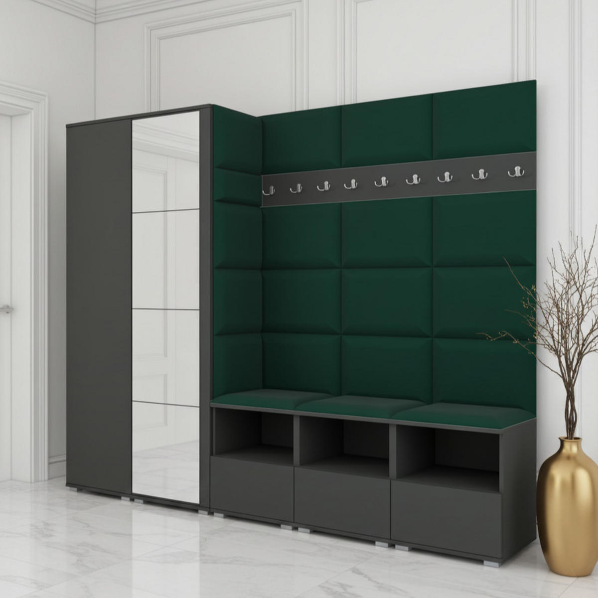 GARDEROBE NELA VII 250 cm (Modulare Flurmöbel XL Graphit mit Spiegel & Sitzpolster Flaschengrün 28 Universell) - Dunkelgrün/Silberfarben, Holz/Holzwerkstoff (250/187/40cm) - Ravio