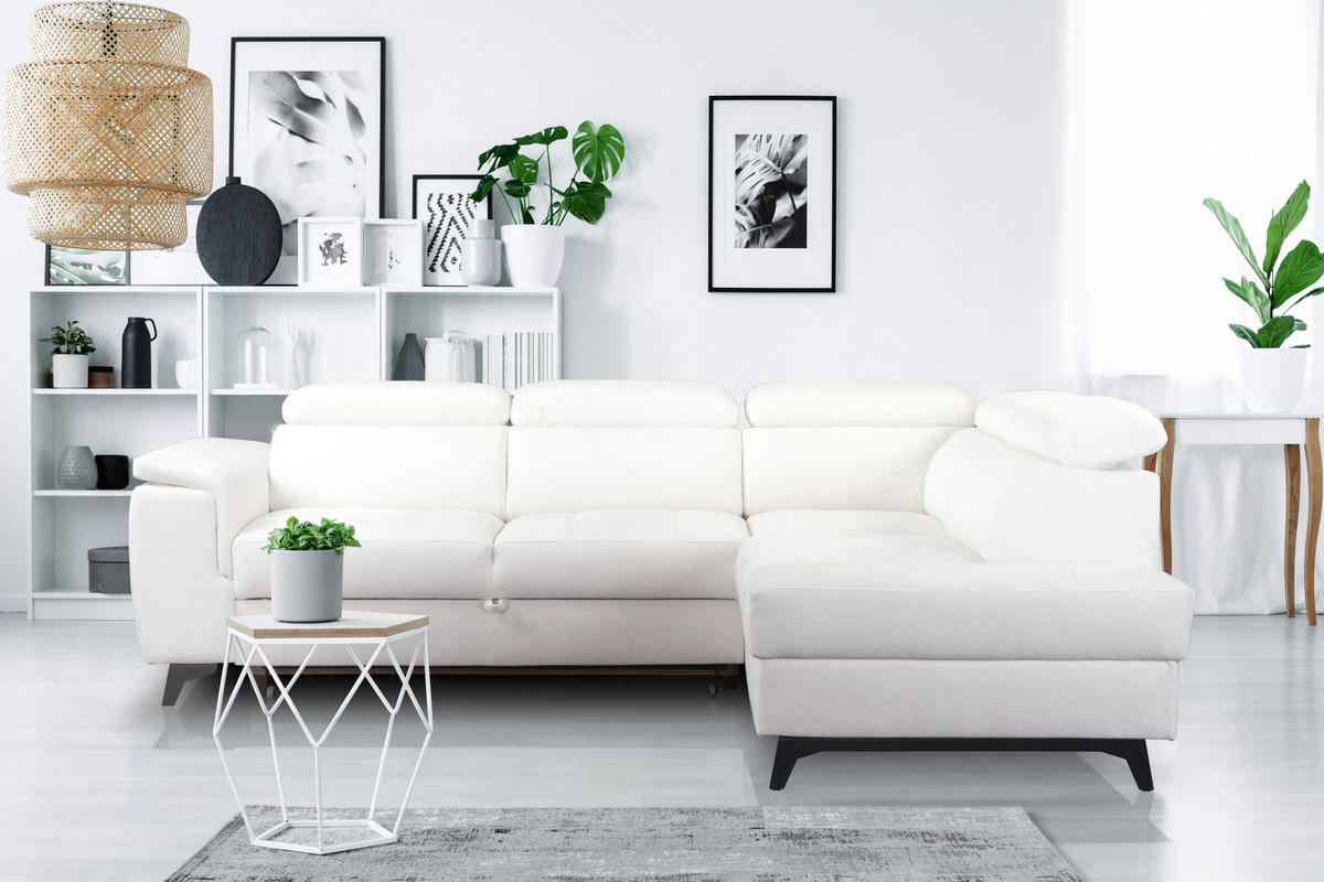 ECKSOFA VOLA Weiß Velours-Stoff mit Schlaffunktion - Weiß, Holz (270/199cm) - MASSENO